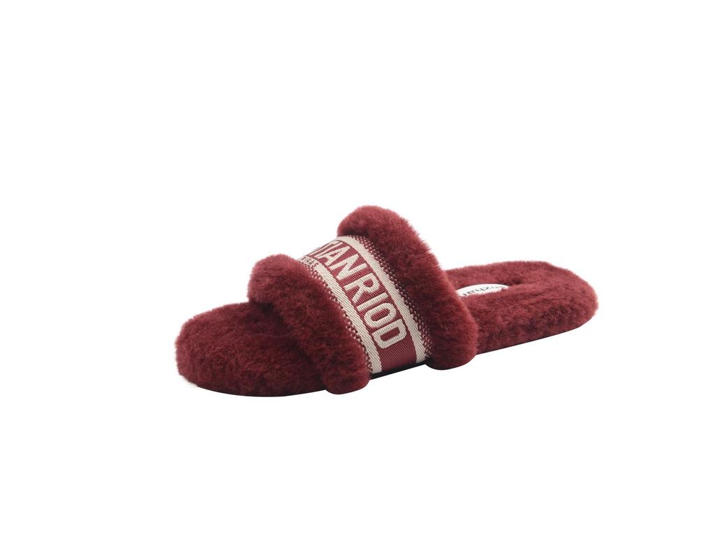 2025 Autumn/Winter Women's Fuzzy Flat Slippers - One-Strap, Letter Design, Versatile Korean Style, Warm Outdoor Footwear (EU)