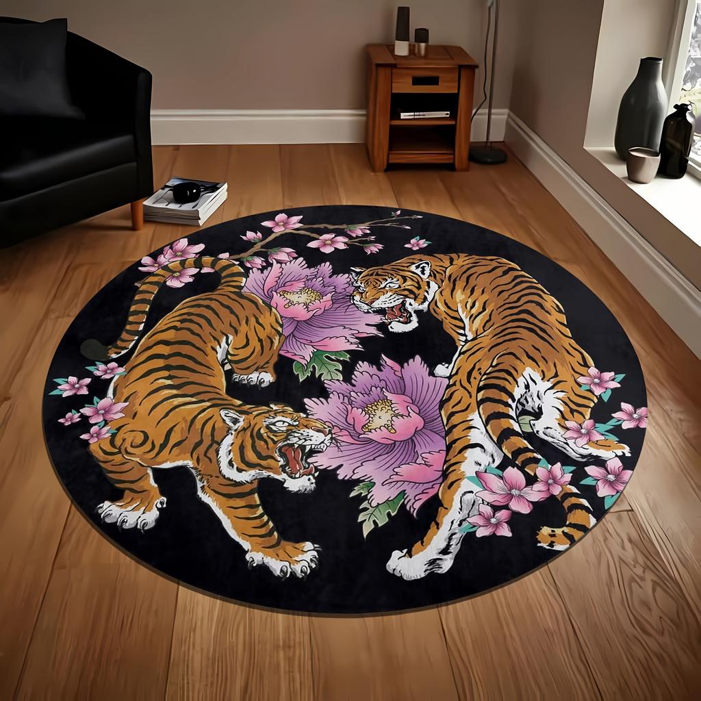 1PcscTiger Print Round Area Rug Indoor Non-Slip Washable Fiber Carpet Soft Comfortable Mat For Bedroom Living Room