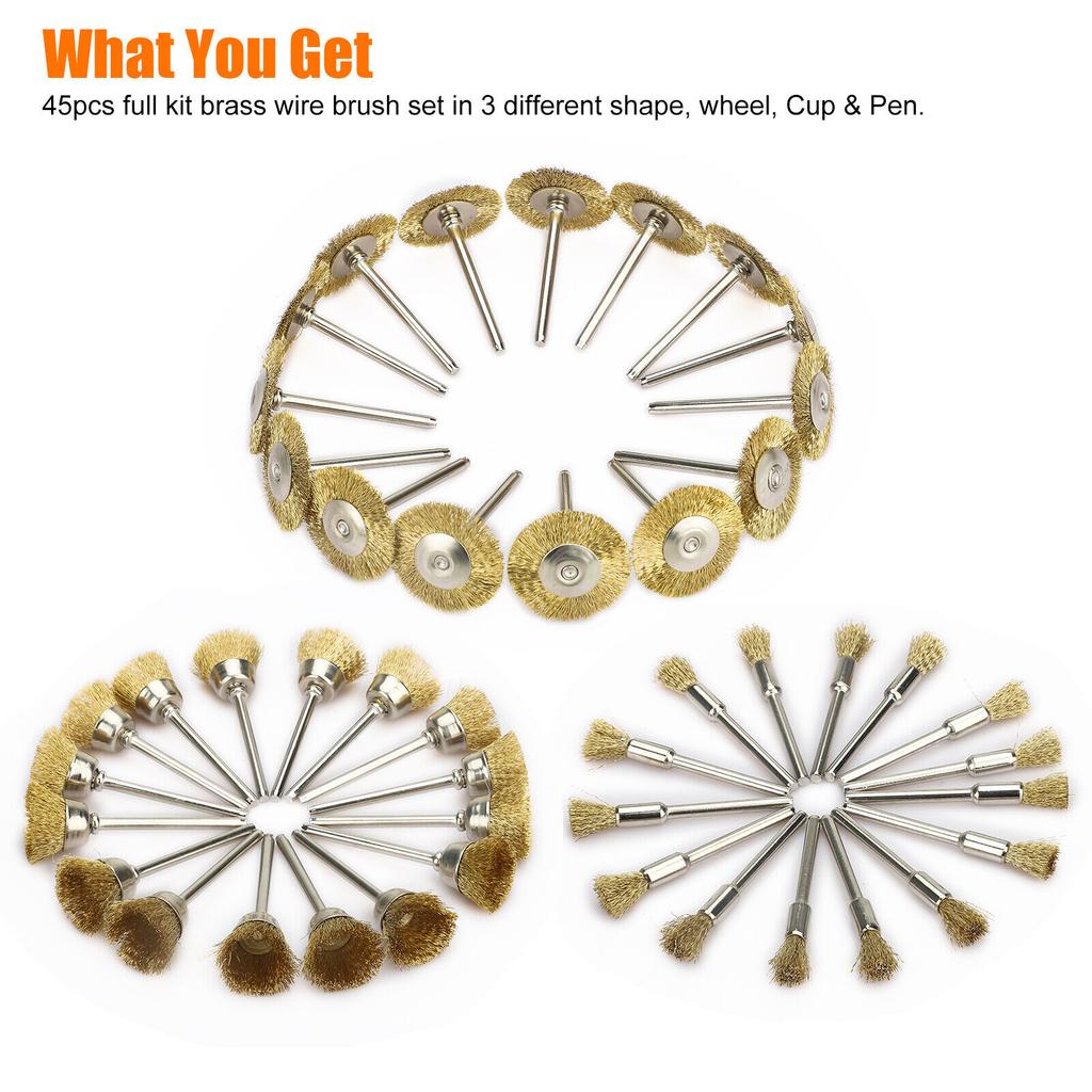 45Pcs Premium 50mm Brass Wire Brush Mix Set 3 Different Shapes Wheel/Cup/Pen For Rotary Tool Die Grinder