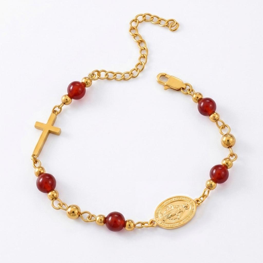 Stainless Steel Virgin Mary Cross Bracelet Natural Stone Beads Catholic Miraculous Medal Jewelry