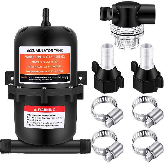 Kingdder RV Accumulator Tank 0.75L 12V 125PSI Pressurized Accumulator Tank 1/2 MNPT Twist on Pipe Strainer Automotive Replacement Suitable for RV,
