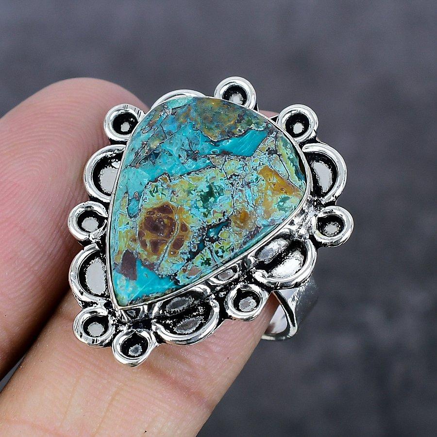 Natürlicher Chrysokoll Edelstein 925 Sterling Silber Schmuck Ringgröße 8 ETC-10289