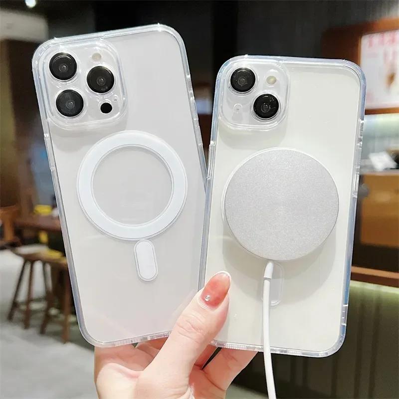 For Magsafe Luxury Clear Acrylic Case For iPhone 15 14 13 12 11 Pro Max Plus Magnetic Wireless Charging Case With Lens Protector