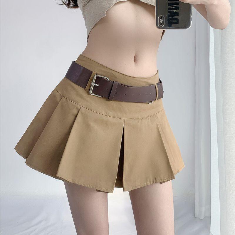 

American Style Sexy Fried Street Pleated Skirt Women s High Waist Fashion Sexy Wind Ultra Short A- line Skirt Preppy Style Skirt Tide Khaki XS