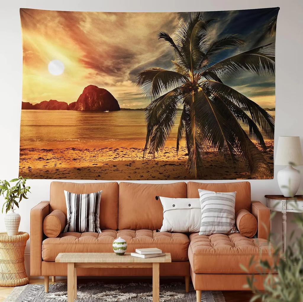 Mehrgrößen Tropischer Strand Sonnenuntergang Wandteppich für Schlafzimmer Wohnheim Wohnzimmer Dekor Festival Party Tägliche Nutzung Hochwertiges Druckdesign