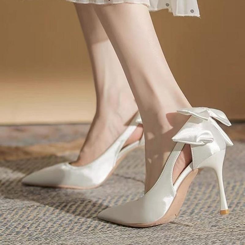 Fashion 2025 Women's Fashion Pointy Shallow Mouth Satin Back Butterfly Knot Set Foot Anti-slip Wear-resistant Heels Thin Heel Shoes