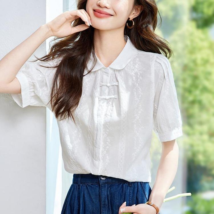 Summer Women Short Sleeve Apricot Embroidered Shirt Chinese Style Pure Cotton Button Top M