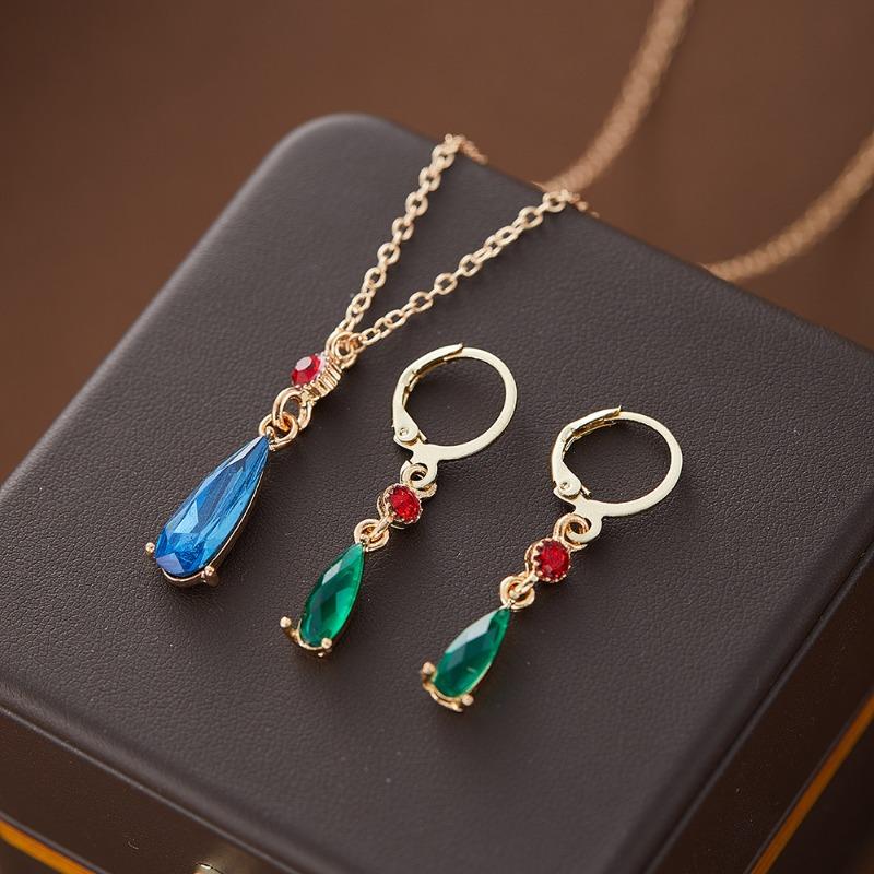 Trendy Green Blue Glass Teardrop Pendant Necklace and Earrings Set for Women