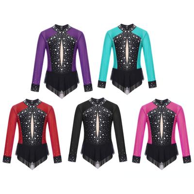 Body per danza classica per ragazze per bambini Pattinaggio di figura Ginnastica ritmica Body con strass lucidi Tuta con gonna a rete