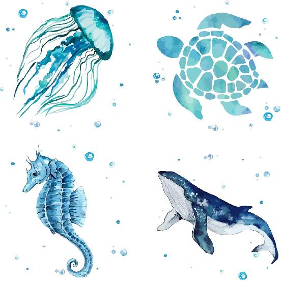 GORGECRAFT 4 Styles Sea Animals Window Decals Static Glass Sticker Turtles Seahorses Whales Jellyfish Pattern Window Clings Film Bedroom Bathroom Sea Animal