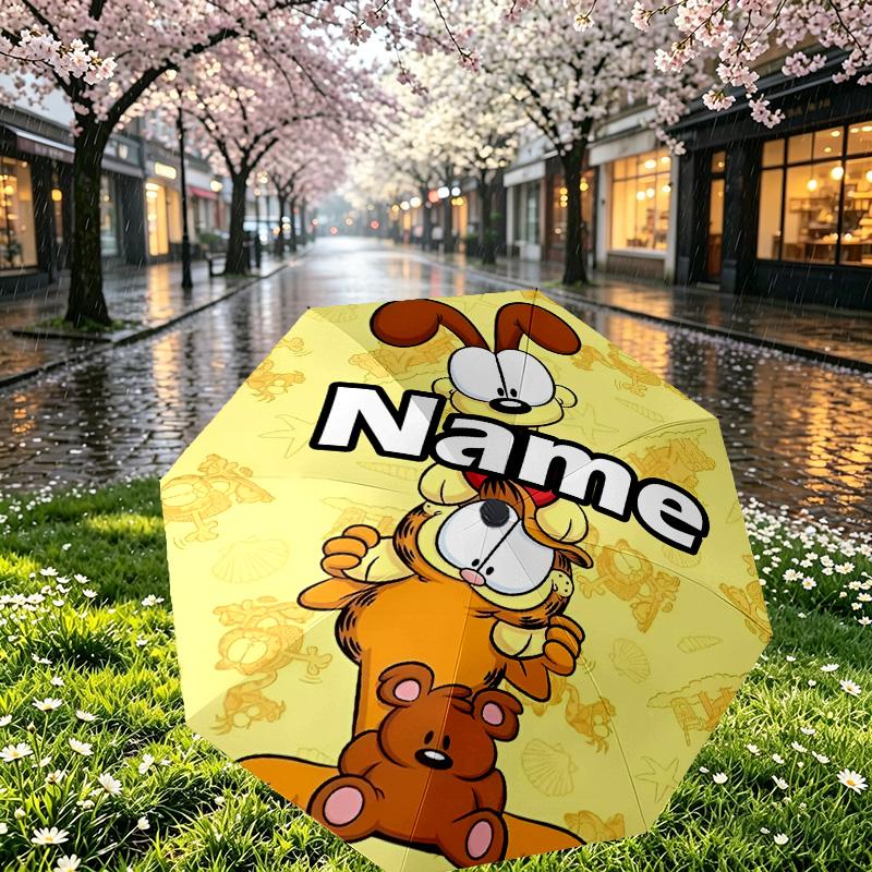 Personalisierter Garfield-Druckschirm mit individuellem Namen, Automatisches Öffnen und Schließen, Stabiler 8-Rippen-Rahmen, Für Pendeln, Camping, Wandern, Geburtstagsgeschenk