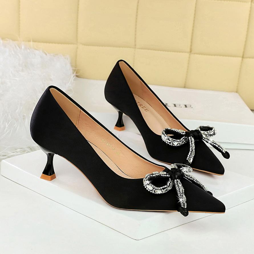 Water Diamond Bow Pointed, Thin Heel, Silk Heel, Single Shoe, Wine Glass Heel, Women's Single Shoe
