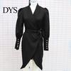 Slim Fit V-neck Dress Women Formal Business Style Turn-down Collar Long Sleeve Pure Color Belt Lace-up Cross Cardigan Spring Midi OL Commuting