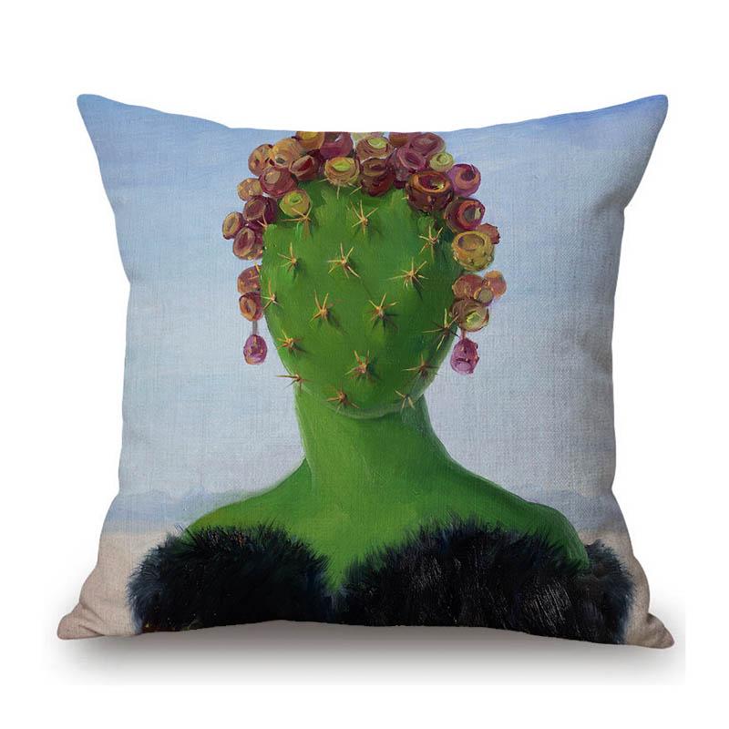 Summer Cactus Head Portrait Oil Painting Surrealistic Decorative Art Cotton Linen Sofa Pillow Case Car Seat Cushion Cover