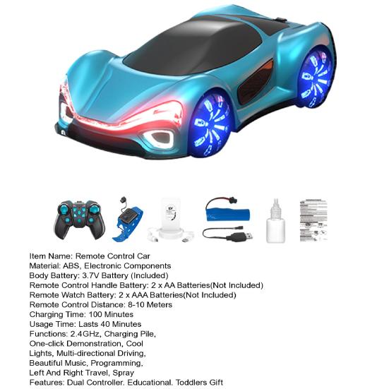 Remote Control Concept Car Toy with LED Light Spray Dual Controller 4WD New Energy Vehicle Rechargeable Toddlers 2.4GHz RC Drift Racing Car