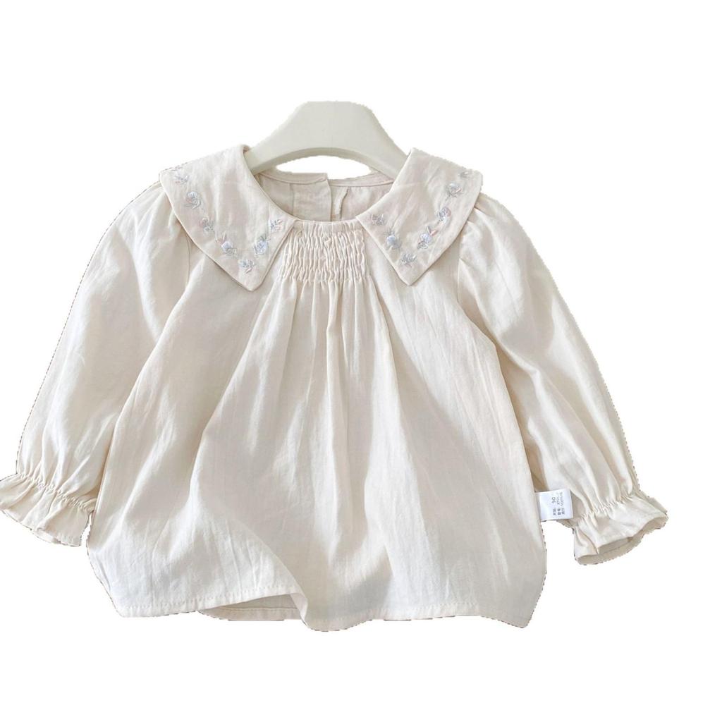 Toddler Girls' Floral Embroidered Peter Pan Collar Long Sleeve Babydoll Shirt - Autumn 2025 Arrival