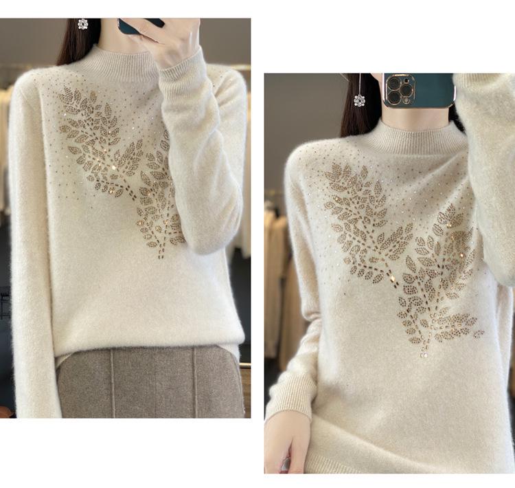 Rhinestone Wool Sweater for Women, Autumn/Winter Collection: Half-High Neck, Knitted, Long & Loose Fit.
