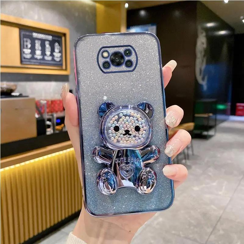 

PocoX6 pro милый медведь-держатель, кронштейн с блестящим покрытием, чехол для Xiaomi Mi Poco X6 X3 X5 M6 M5 M5S M4 M3 F5 F3 F4 pro, чехол-подставка Poco M5S&Case & Holder синий