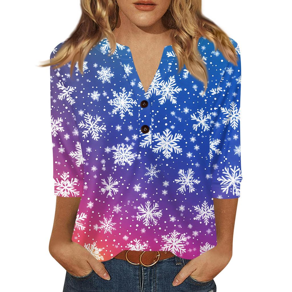 Women's T Shirt Christmas Print Button 3/4 Sleeve Daily Weekend Fashion Basic V- Neck Regular Top