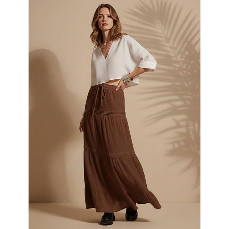 Jupe Maxi d'Été pour Femme à Volants sur l'Ourlet en PolyMélange | Jupes Longues Taille Haute | Jupe Unie Fluide Coupe A pour Toutes les Occasions | Style Bohème Élégant