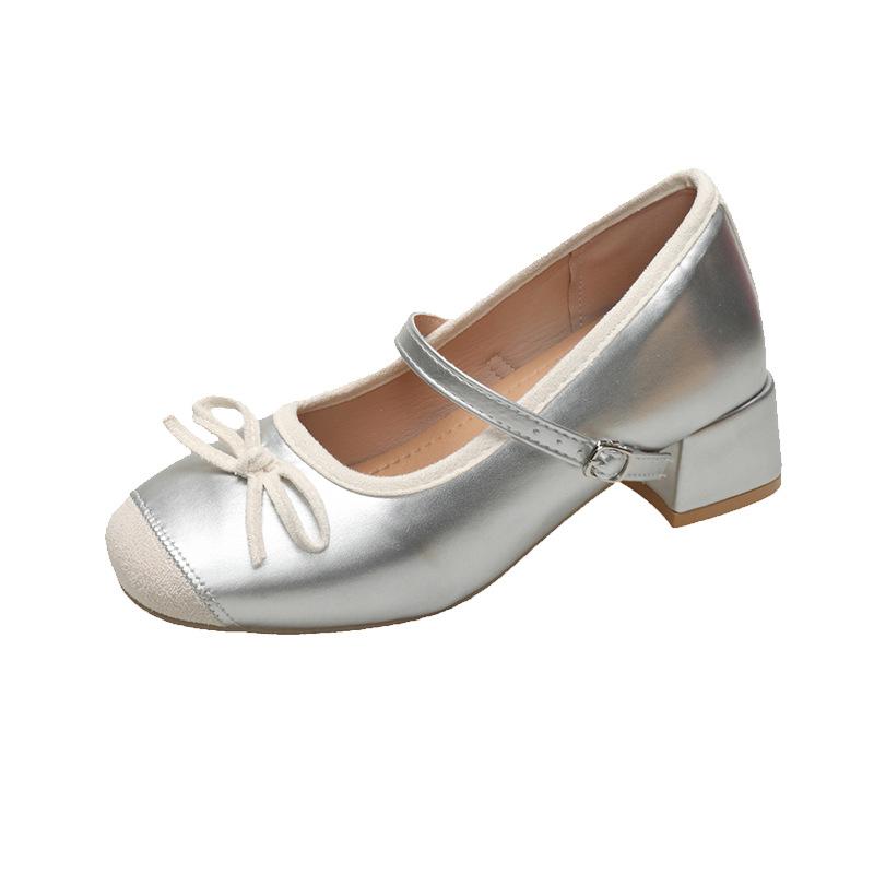 Růžové balerínky na silném podpatku dámské 2025 nové vnitřní zvýšení výšky sukně motýl Mary Jane vysoké podpatky