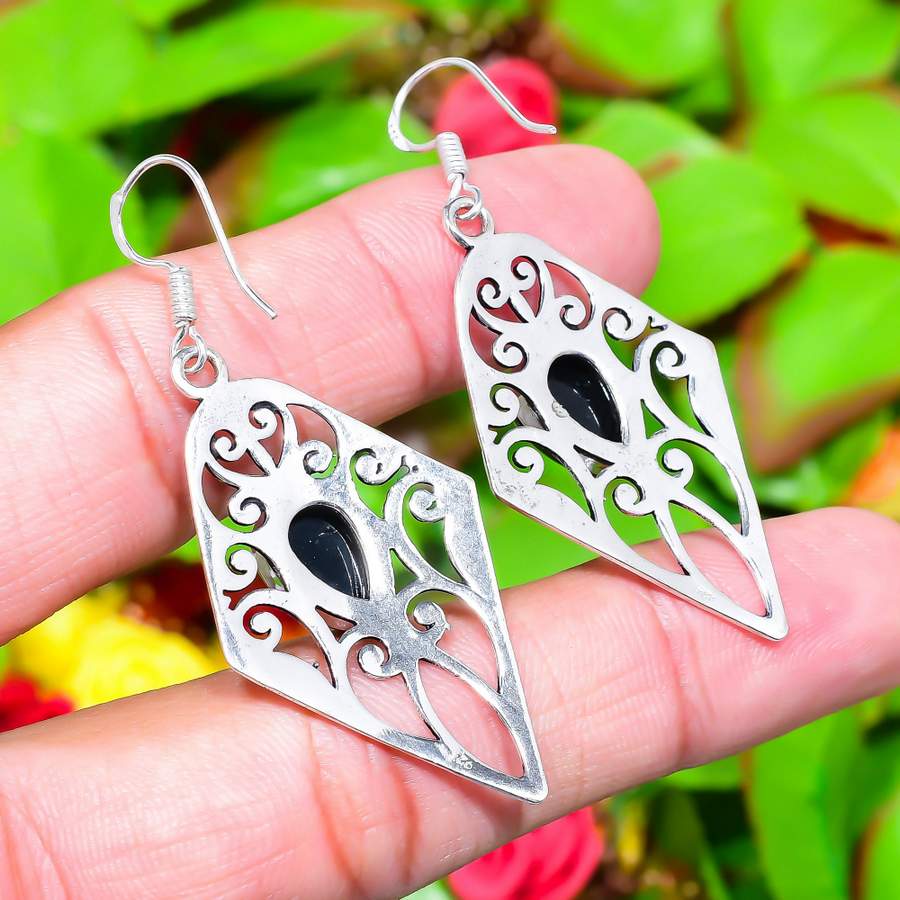 Natural Black Onyx Gemstone Handmade 925 Sterling Silver Earring 2.32" G3a20