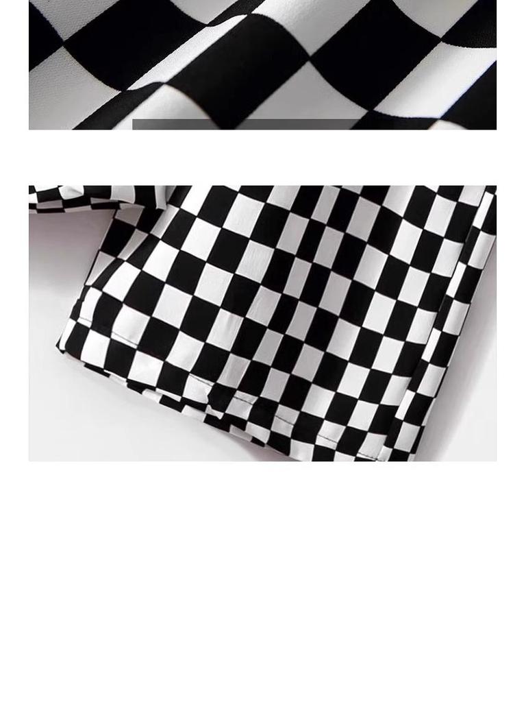 Women's Summer 2024 Ice Silk Checkered Wide-Leg Pants - Black/White Straight Leg