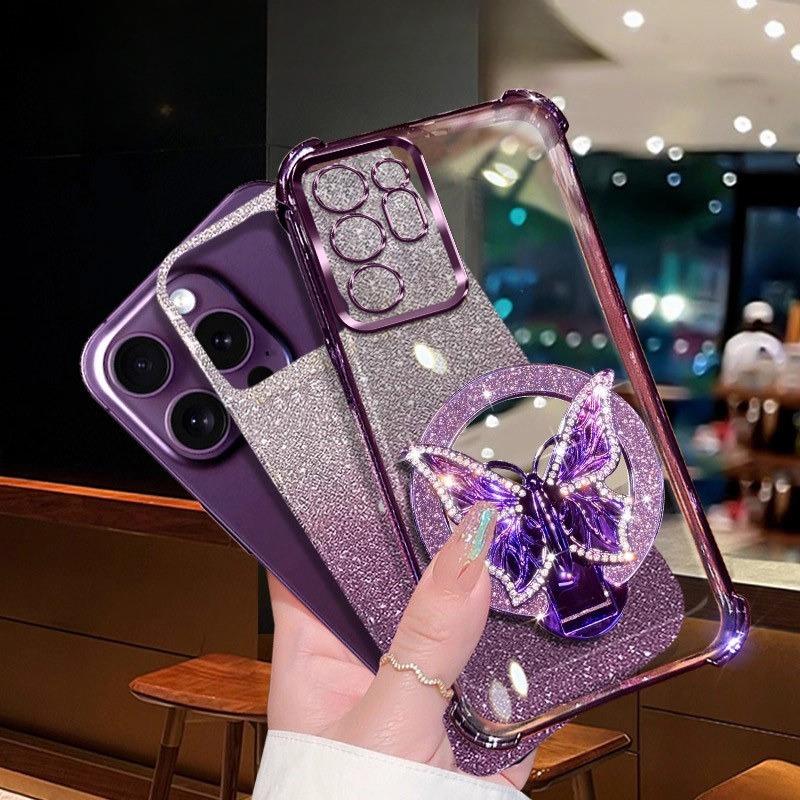 Brokatowe Lustro Motyl Kryształowa Bransoletka Etui dla Samsunga Galaxy S25 Edge S24 S23 S22 S21 S20 FE Ultra Plus Wstrząsoodporna Pokrowiec