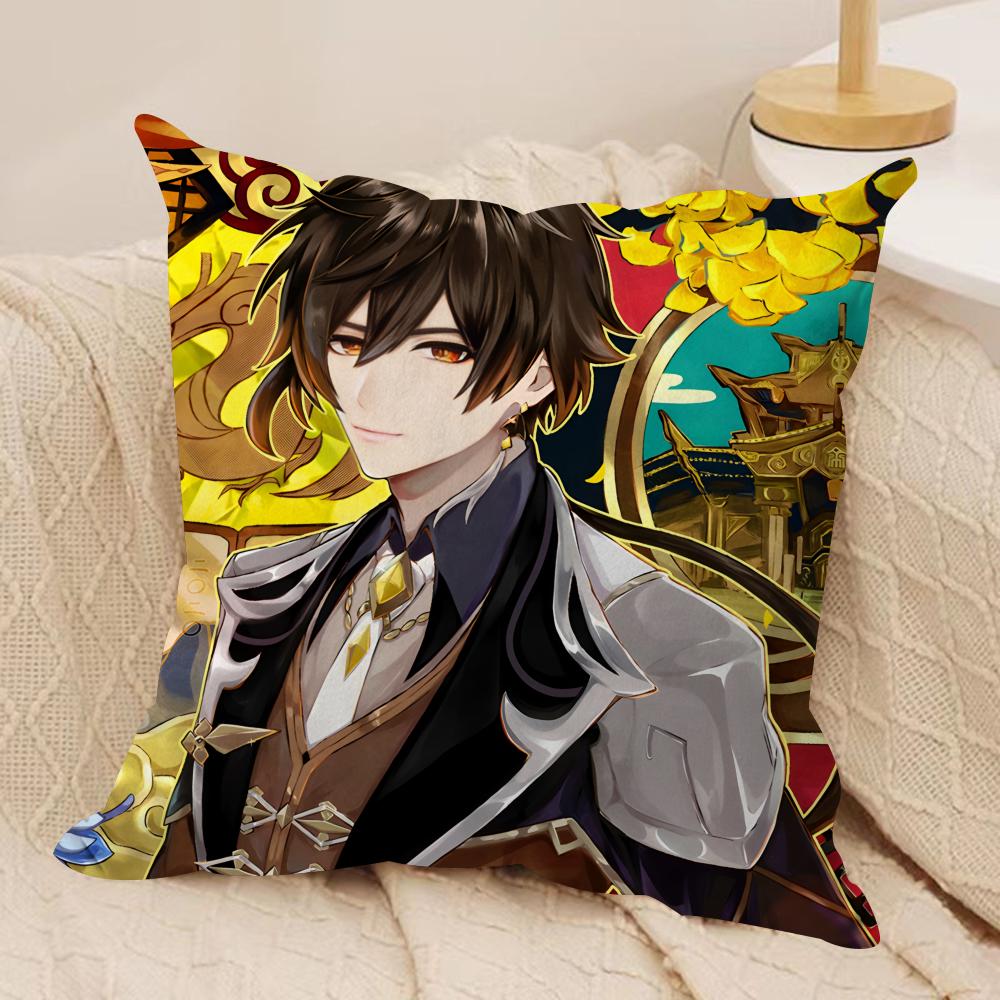 Zhongli Genshin Impact Cushion Cover Silky Short Plush Invisible Zipper Dustproof Sofa Pillow Case For Home Decor