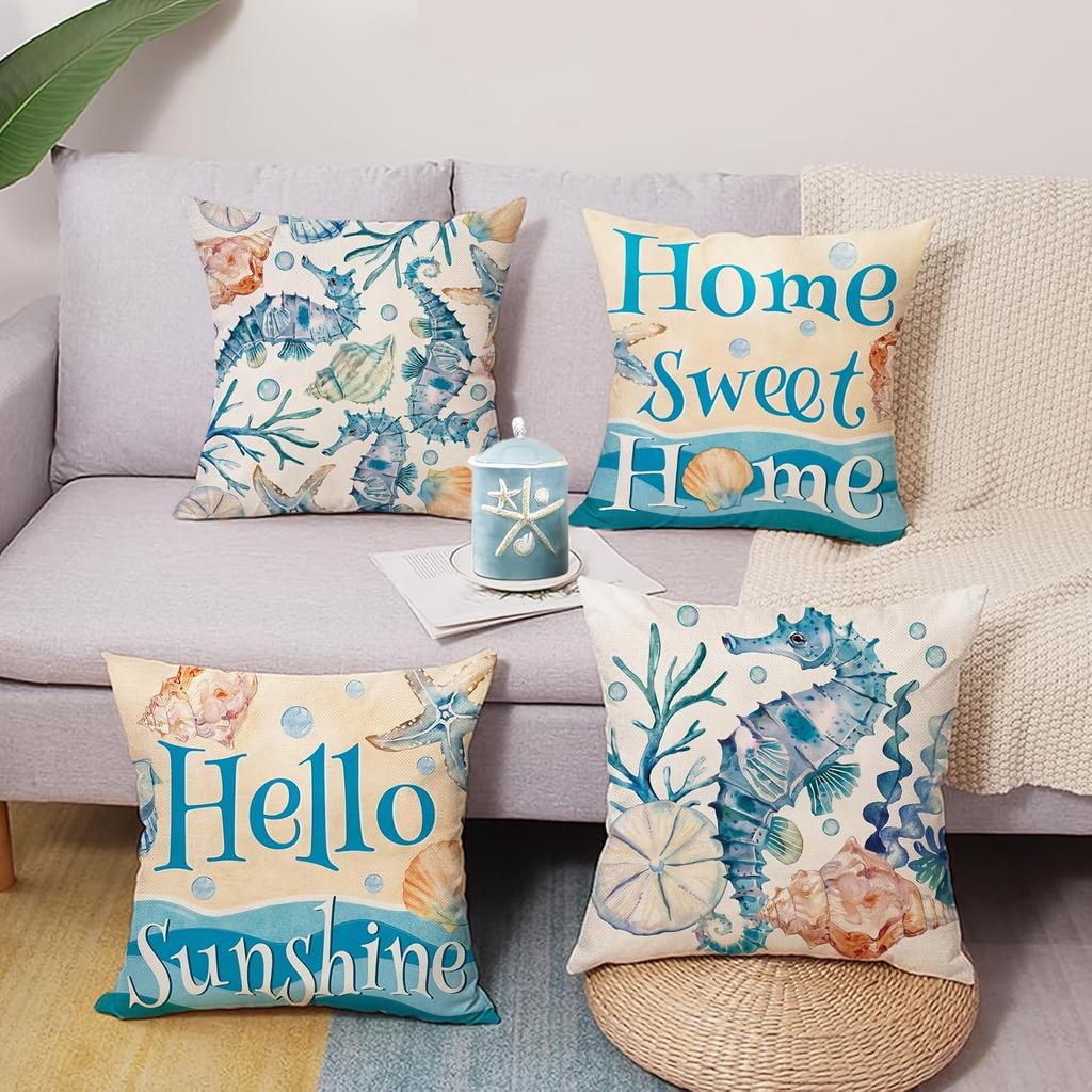 1/4 Stück Küsten-Zierkissenbezüge Aquarell Strand Ozean Thema Heimdeko Kissenbezüge für Sofa Schlafzimmer Terrasse Kissenbezug