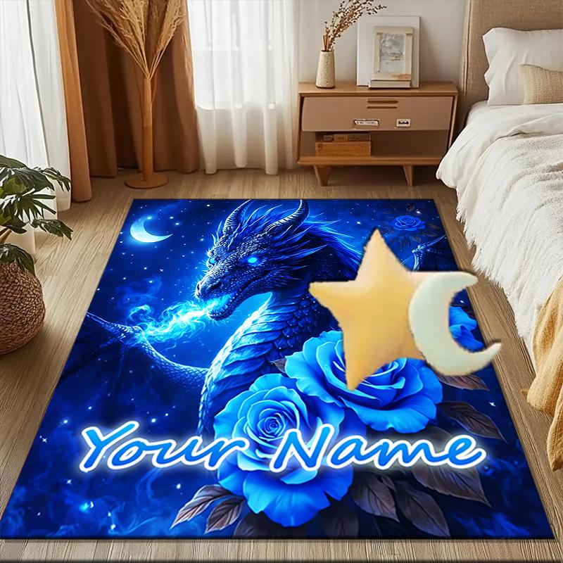 1PC Custom Name Blue Dragon Roses Night Theme Floor Mat Ideal for Living Room, Game Rooms, Office, Bedroom,Floor Mat Playful Design
