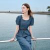 Betu Women's Short Sleeve Puff Sleeve Belted Denim Dress