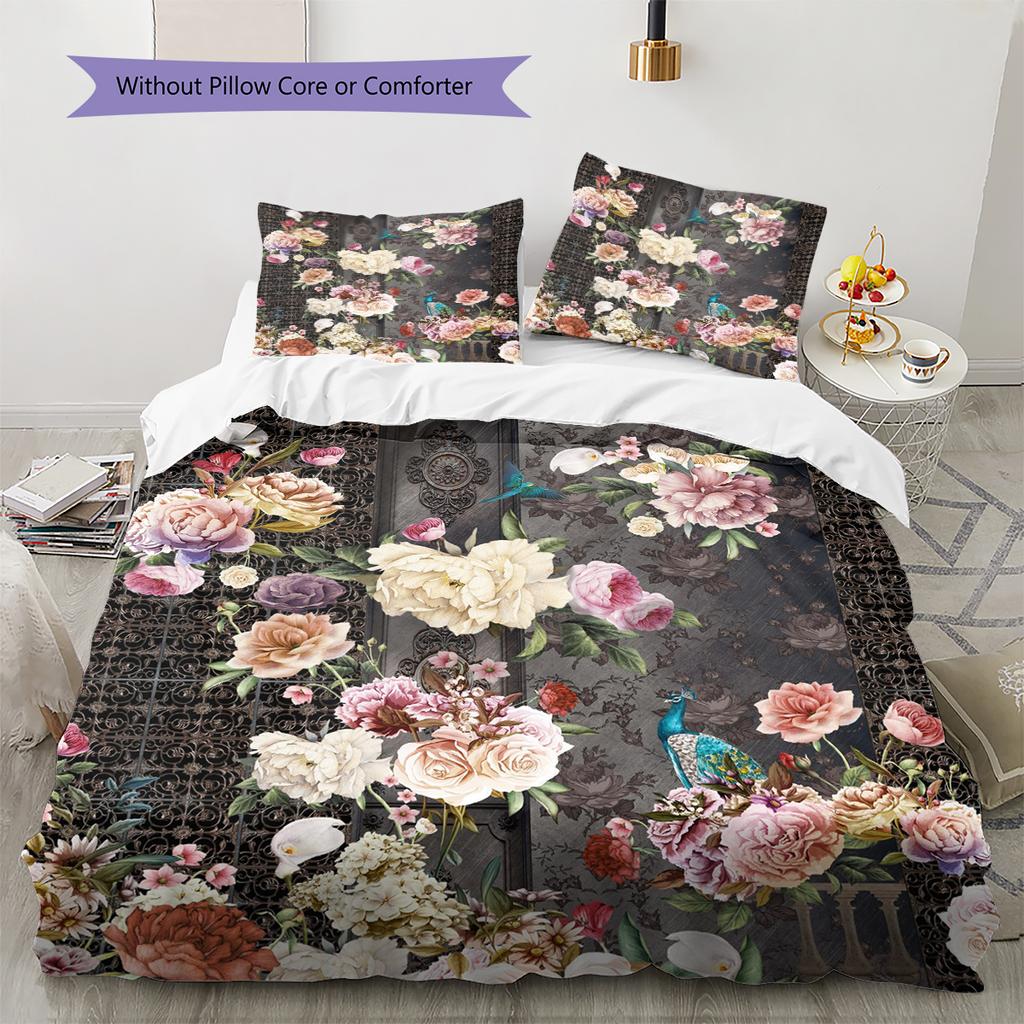 Vintage Floral Bird Pattern Bedding Quilt Set Quilt Cover Pillowcase Home Decoration Gift (1 * duvet cover + 2 * pillowcase, without core)