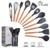 Dark Grey European-Style Silicone Kitchen Utensil Set with Wooden Handles - Non-Stick Cookware Baking Tools