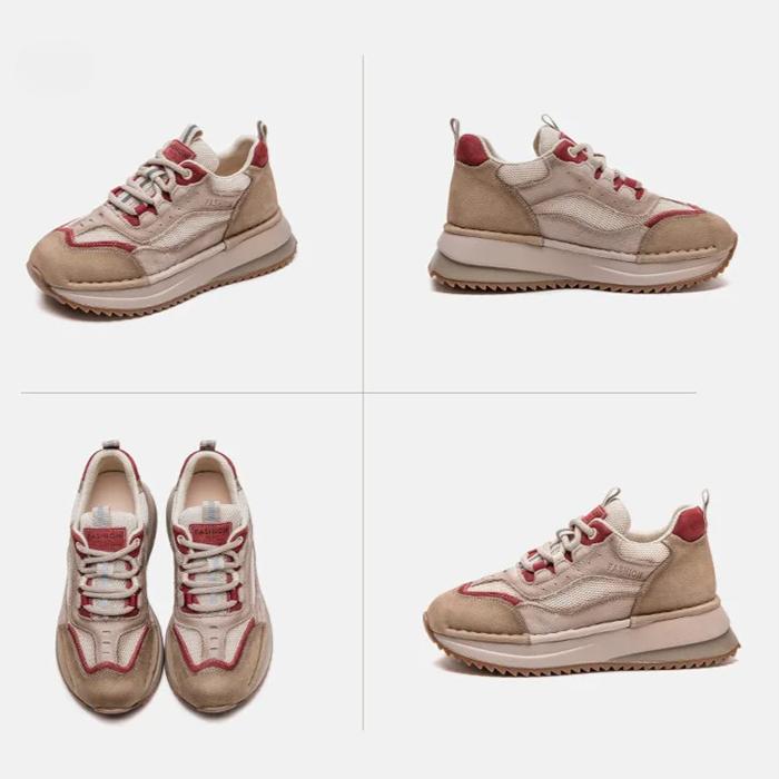 Johnature British Style Genuine Leather Retro Mixed Colors Women's Sports Shoes Mesh Breathable Casual Flat Shoes