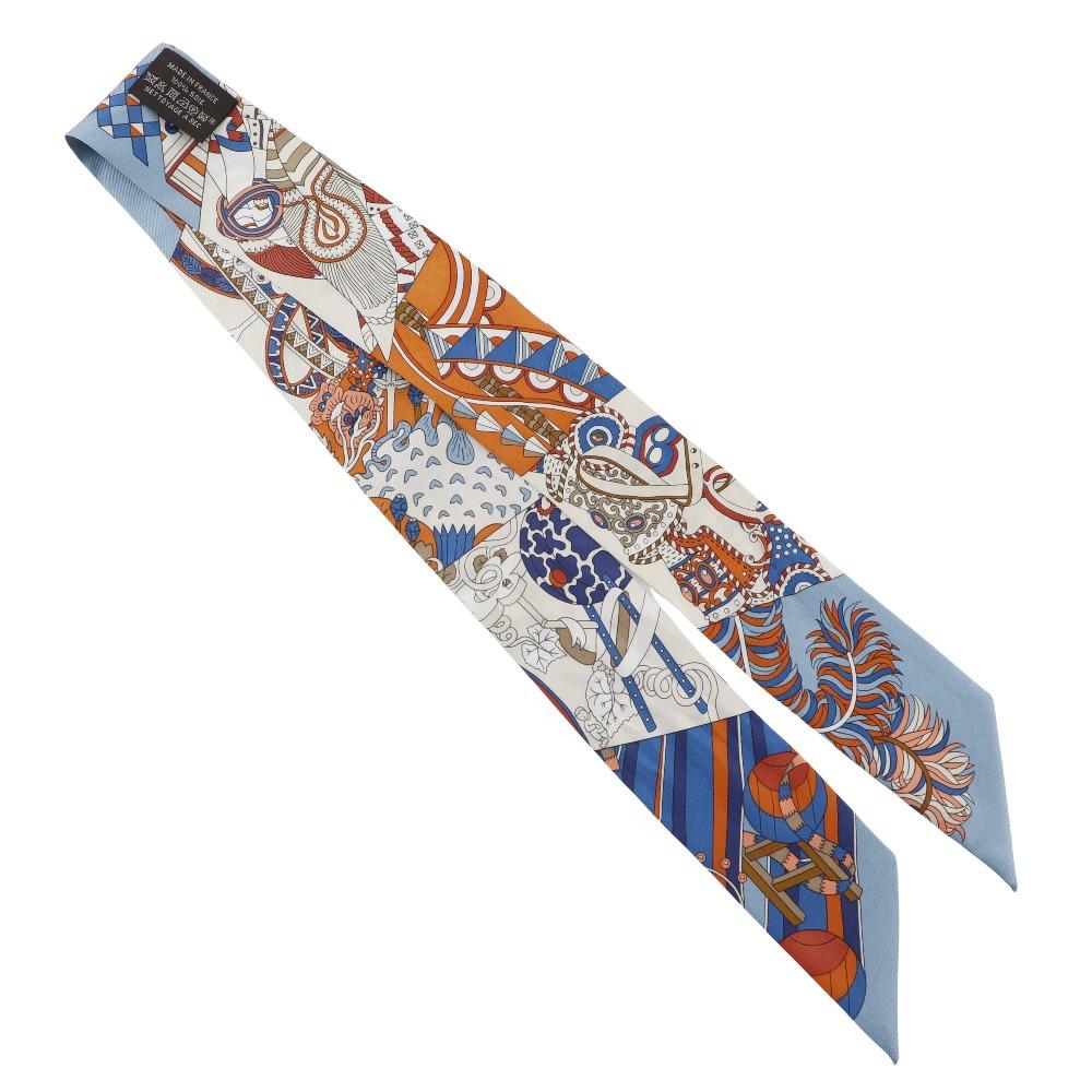 HERMES Twilly scarf Duel with a walking stick and umbrella De l'Ombrelle aux Duels Light blue / orange silk Women Used