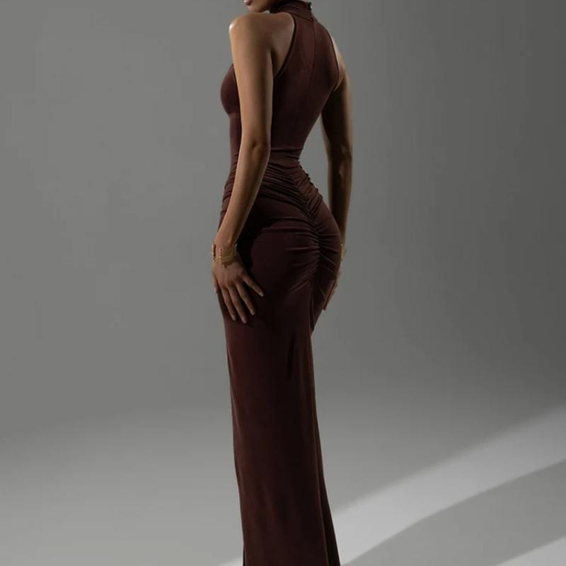 Halter Ruched Sleeveless Sexy Maxi Dress Women Gown Fashion Slim High Waist Evening Club Party Split Long Dress