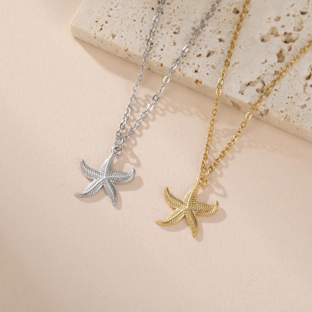 Cazador Stainless Steel Sea Shell Starfish Pendant Necklace for Women Gold Plated Chain Summer Jewelry Vacation Beach Gift