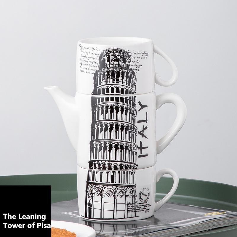 

Hand Drawn Tea Set with 450ml Pot And 2 X 180ml Cups Statue of Liberty Leaning Tower of Pisa Eiffel Tower Elizabeth Tower Design Three-piece Set