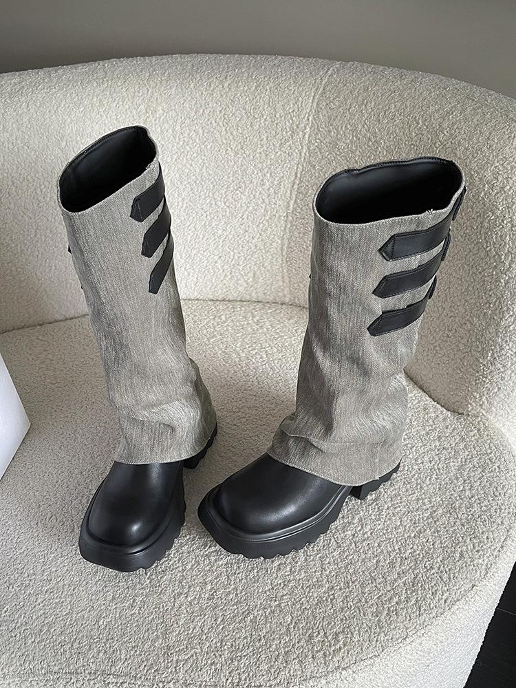 

thick-soled trouser tube boots for women 2025 autumn and winter white pleated pile niche thick-soled knight boots for women 35 чёрный