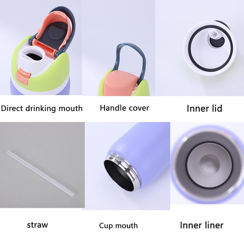 Venkovní kelímek na dva nápoje z nerezové oceli 304 s izolací a brčkem - Makronkové barvy, Velký objem