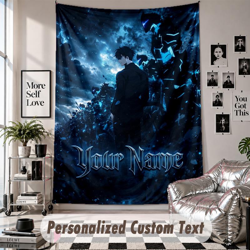 Wall Hanging Tapestry With Custom Name & Text, Solo Leveling Decorative Tapestry For Bedroom