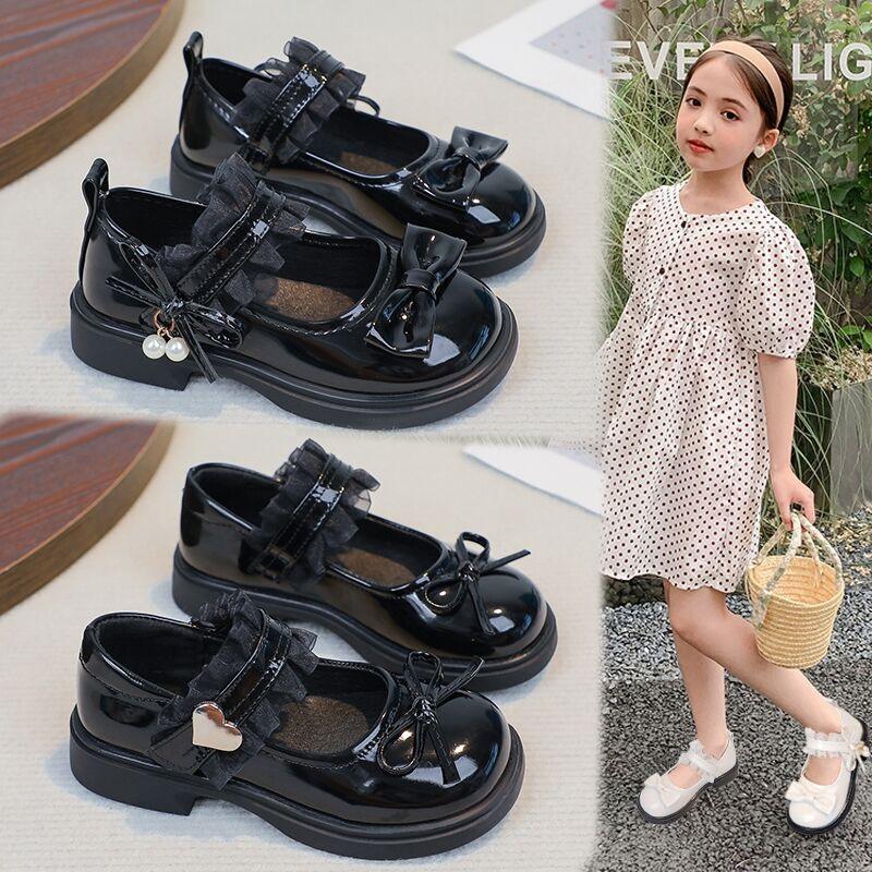 Girls leather shoes sweet bow princess shoes 2025 new children's black single shoes British style soft sole performance shoes