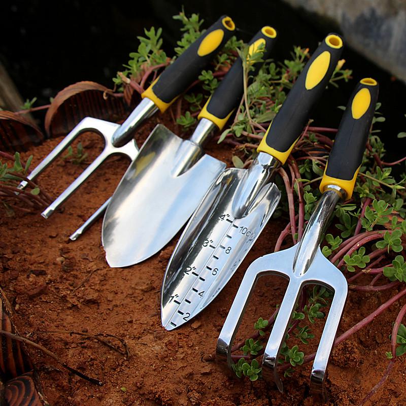 Gardening & Landscaping Tool Set: Iron Shovel with Magnesium Aluminum Alloy, Silicone Handle - 4 Pieces