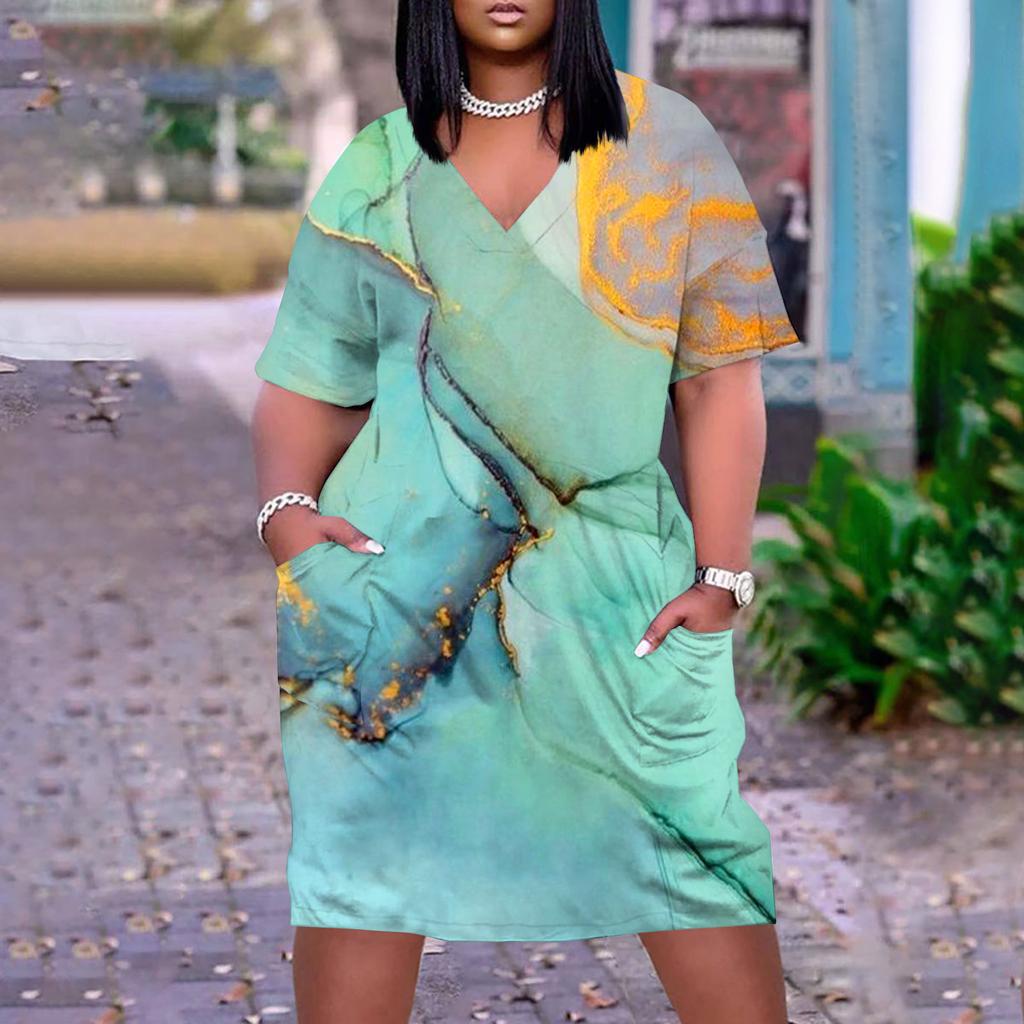 Women's Casual Large V-neck Short Sleeve Printed Pocket Loose Dress