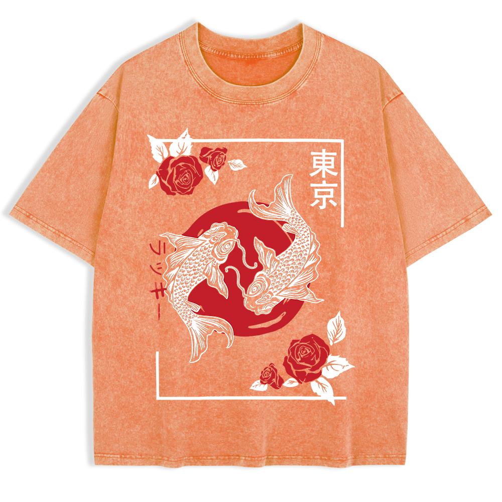 Tokyo Koi Fish Rose Harajuku Washed T-Shirts Mens Cotton Short Sleeve Tops Street O-Neck Oversize T Shirt Summer Clothes