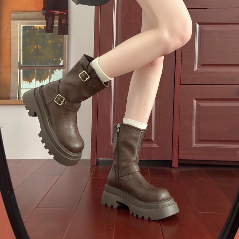 Fashion Winter Platform Women Thigh High Boots Fashion Belt Buckle Long Booties Vintage Square Low Heels Ladies Shoes
