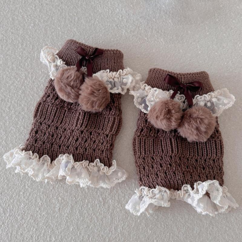 Fashionable Plush Balls Bows Adorned Leg Warmers with Lace Detail for Women's Hollowout Knitted Short Leg Covers Sleeves