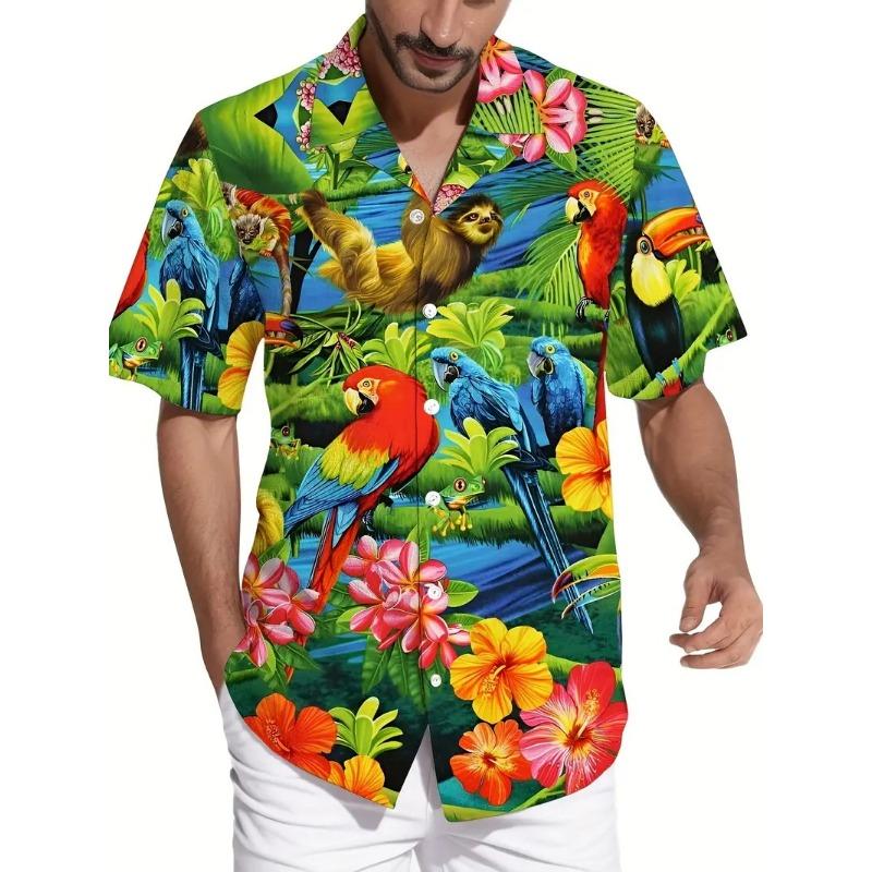 Herren lebendiger Papagei tropischer Blumendruck Hawaiihemden lässig kurzärmelig Knopfleiste Strandhemd für Herren Sommer