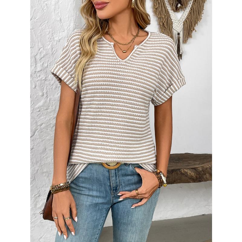 Summer New Women's V-neck Short-sleeved Loose Striped Casual Pullover T-shirt